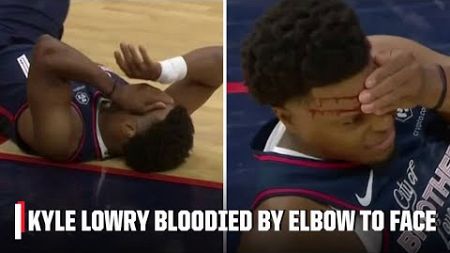 Kyle Lowry exits to locker room after elbow to the face in 76ers debut | NBA on ESPN