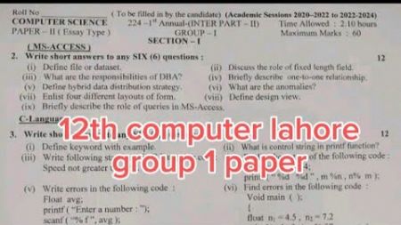 12th Computer Lahore board group 1 paper 2024 2nd year computer paper 2024