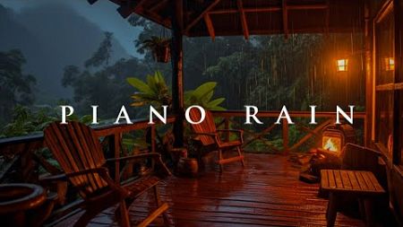 Soothing Piano Music in a Rainforest Environment | Light rain and thunder with cozy porch fireplace