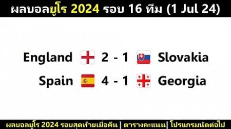 ผลบอลยูโร 2024 รอบ 16 ทีม : อังกฤษเข้ารอบแบบหืดจับ สเปนยังร้อนแรง หลังไล่อัดจอร์เจีย (1/7/24)