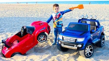 Funny Tema Ride on Power Wheels cars and Play with Tractor Stuck in the sand Video for kids