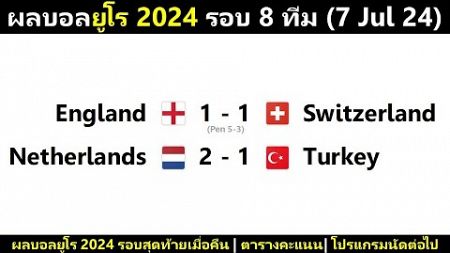 ผลบอลยูโร 2024 รอบ 8 ทีม : อังกฤษหืดจับ หลังชนะจุดโทษสวิส เนเธอร์แลนด์เฉือนตุรกี (7/7/24)