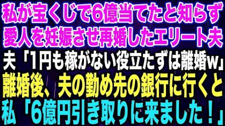 【スカッとする話】私が宝くじで6億当てたと知らず愛人を妊娠させ再婚したエリート夫「1円も稼がない役立たずは離婚w」離婚後、夫の勤め先の銀行に行くと私「6億円引き取りに来ました！」