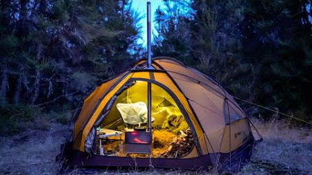 Cozy Hot Tent Camping On Freezing Winter Night