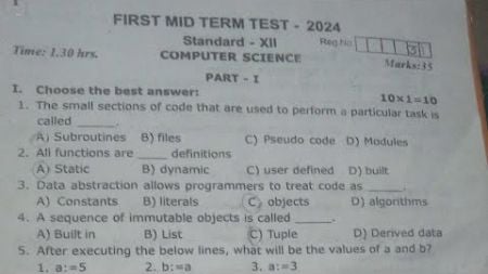 12th computer science mid term important questions 2024 | 12th computer science mid term question