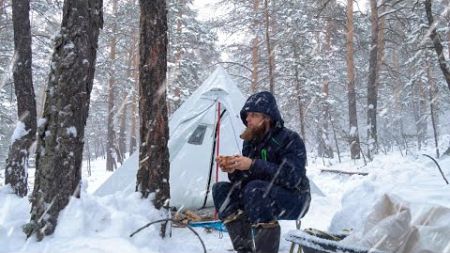 Camping in Deep Snow - Hot Tent - Cooking Dinner and Drinking Coffee