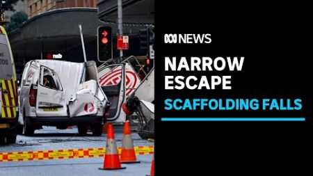 Extraordinary escape as scaffolding falls from Sydney building site, crushing a van | ABC News