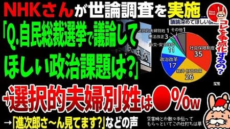 【うん、この争点化しようとするメディアと政治家がアレってるよな…】NHKが世論調査「Q.自民総裁選挙で議論してほしい政治課題は？」→選択的夫婦別姓は●％w→「進次郎さ〜ん見てます？」などの声