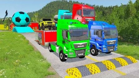 Double Flatbed Trailer Truck vs Speedbumps Train vs Cars | Tractor vs Train Beamng.Drive 058