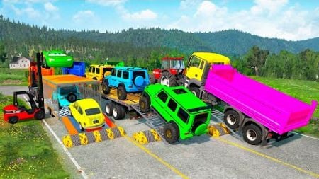 Flatbed Trailer Cars Transportation with Truck - Speedbumps vs Cars vs Train - BeamNG.Drive #64