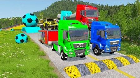 Double Flatbed Trailer Truck vs Speedbumps Train vs Cars | Tractor vs Train Beamng.Drive 059