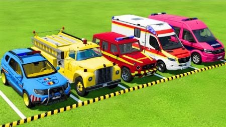 POLICE CARS, FIRE DEPARTMENT, AMBULANCE EMERGENCY VEHICLES TRANSPORTING WITH SCANIA TRUCKS ! FS22