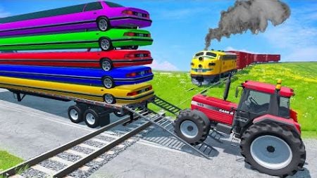 TRANSPORTING PIXAR CARS &amp; FRUITS WITH COLORED &amp; JOHN DEERE vs CLAAS vs TRACTORS - BeamNG.drive #983