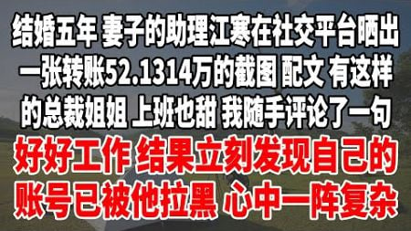 结婚五年，妻子的助理江寒在社交平台晒出一张转账52.1314万的截图，配文：“有这样的总裁姐姐，上班也甜！”我随手评论了一句“好好工作”，结果立刻发现自己的账号已被他拉黑，心中一阵复杂。#情感#講故事