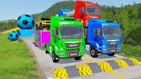 Double Flatbed Trailer Truck vs Speedbumps Train vs Cars | Tractor vs Train Beamng.Drive 058