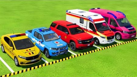 DACIA, VOLKSWAGEN, CHEVROLET POLICE CARS &amp; MERCEDES AMBULANCE EMERGENCY VEHICLE TRANSPORTING ! FS22