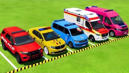 TRANSPORTING FORD, DACIA, VOLKSWAGEN POLICE CARS &amp; MERCEDES AMBULANCE CAR WITH MAN TRUCKS ! FS22