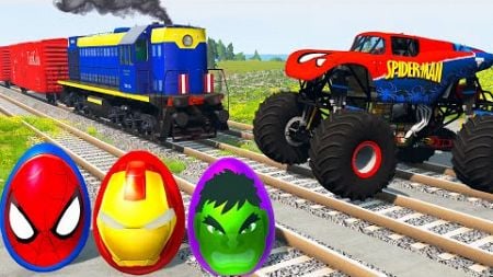 Double Flatbed Trailer Truck vs Speedbumps Train vs Cars | Tractor vs Train Beamng.Drive