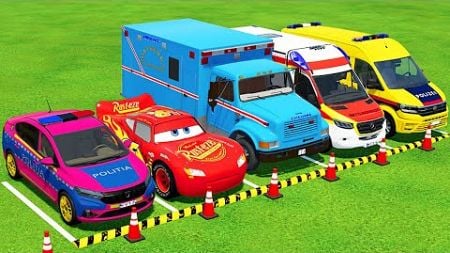 MCQUEEN, DACIA, VOLKSWAGEN POLICE CARS &amp; MERCEDES, FORD AMBULANCE VEHICLES TRANSPORTING ! FS25