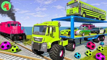 Double Flatbed Trailer Truck vs Speedbumps Train vs Cars | Tractor vs Train Beamng.Drive