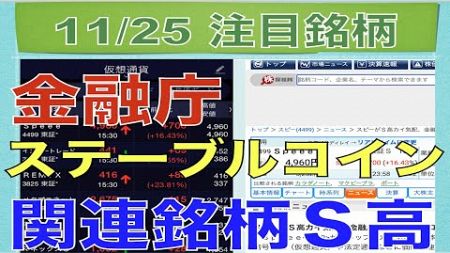 【11月25日】金融庁ステーブルコイン参入検討で関連銘柄ストップ高！【明日の注目株】