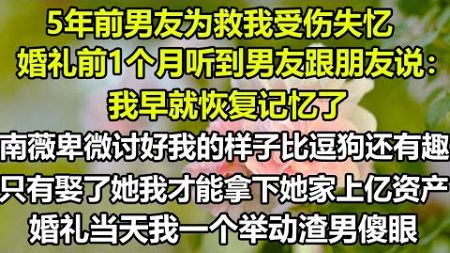 5年前男友为救我受伤失忆，婚礼前1个月听到男友跟朋友说：我早就恢复记忆了，南薇卑微讨好我的样子比逗狗还有趣，只有娶了她我才能拿下她家上亿资产，婚礼当天我一个举动渣男傻眼#荷花朵朵開#好運連連#顧亞男