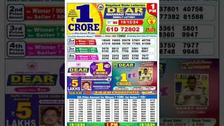 NAGALAND Lottery SAMBAD DEAREVENING 01 PM RESULT TODAY 19.12.2024 STATE DEAR LOTTER