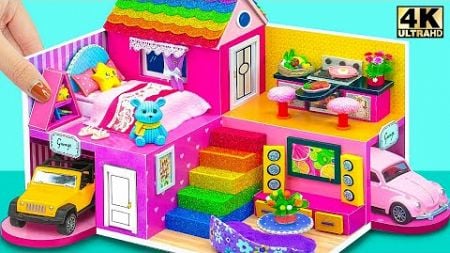 (Craft Ideas) DIY Miniature Rainbow Cardboard House with Garage and Furniture | DIY Miniature House