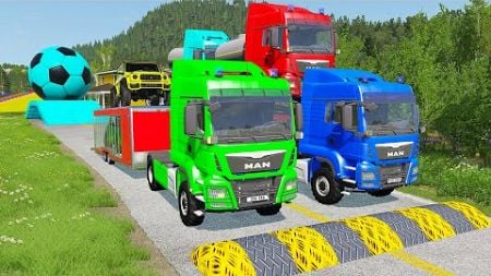 Double Flatbed Trailer Truck vs Speedbumps Train vs Cars | Tractor vs Train Beamng.Drive 065