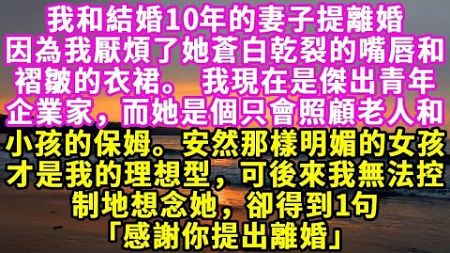 我是傑出青年企業家，而她是個只會照顧老人和小孩的保母。安然那樣明媚的女孩才是我的理想型，所以我結束了10年的婚姻，可後來我無法控制地想念她，卻得到「感謝你提出離婚」#悠然書影#落日溫情 #情感故事