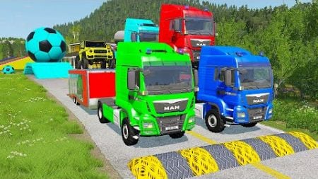 Double Flatbed Trailer Truck vs Speedbumps Train vs Cars | Tractor vs Train Beamng.Drive 065