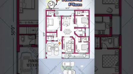 45&#39;× 50&#39; house plan with 2 car parking, 3-bhk house design, 45 by 50 #houseplan #homedesign#housemap