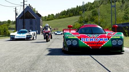 Honda RC213V Marc Marquez MotoGP&#39;20 vs Mazda 787B Racing Cars at Old SPA