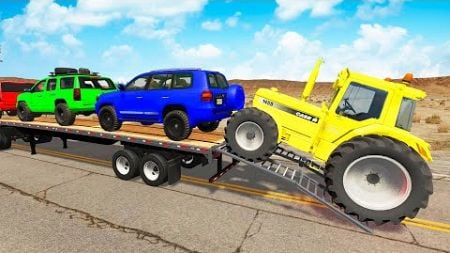 Double Flatbed Trailer Truck vs Speedbumps Train vs Cars | Tractor vs Train Beamng.Drive #49