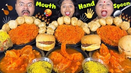 EATING Spicy Momo, Burger, Pani Puri, Spicy Noodles STREET FOOD Challenging Video with Punishment