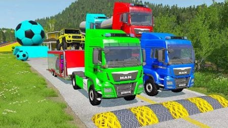 Double Flatbed Trailer Truck vs Speedbumps Train vs Cars | Tractor vs Train Beamng.Drive 065