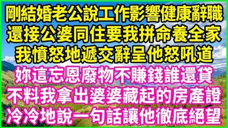 剛結婚老公說工作影響健康辭職，還接公婆同住要我拼命養全家，我憤怒地遞交辭呈他怒吼道：妳這忘恩廢物不賺錢誰還貸？不料我拿出婆婆藏起的房產證，冷冷地說一句話讓他徹底絕望！#情感故事 #花開富貴 #感人故事