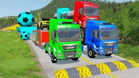 Double Flatbed Trailer Truck vs Speedbumps Train vs Cars | Tractor vs Train Beamng.Drive 058