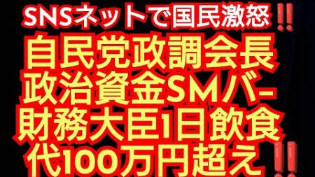 自民党政調会長政治資金でSMバ-‼️財務大臣 1日 飲食代 100万円超え‼️上級国民の税金無駄遣いに国民激怒‼️日本で暴動が起きる可能性‼️2025年1月6日‼️