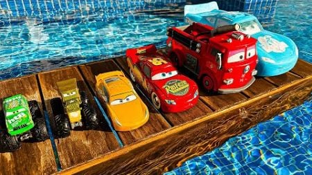 Disney Pixar Cars falling into deep pool, Lightning McQueen, Tow Mater, Mack, Sally, Francesco