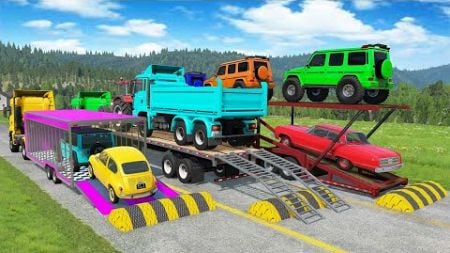 TRANSPORTING PIXAR CARS &amp; FRUITS WITH COLORED &amp; JOHN DEERE vs CLAAS vs TRACTORS - BeamNG.drive #962