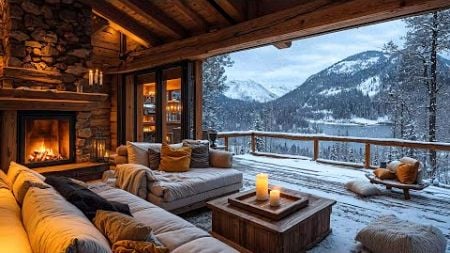 Relaxing Jazz Instrumental Music at Cozy Winter Ambience ❄️ Morning Snowfall &amp; Fireplace Sounds 🔥