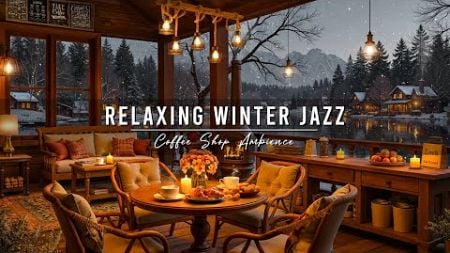 Cozy Winter Coffee Shop Ambience ⛄ Jazz Relaxing Music with Crackling Fireplace for Studying, Work